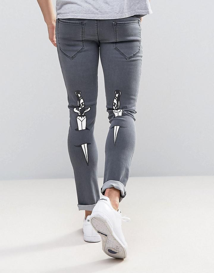 Love Moschino Skinny Fit Jeans With Tattoo Back Print And Waist Tab - Gray