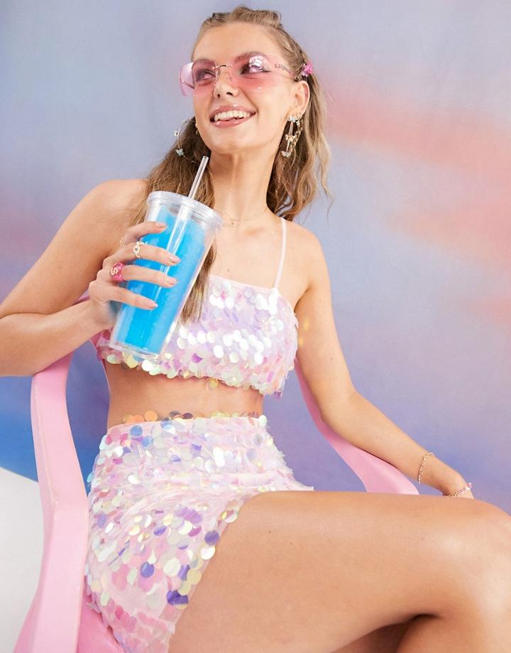 Asos Design Bralette Crop Beach Top In Iridescent Sequin-multi