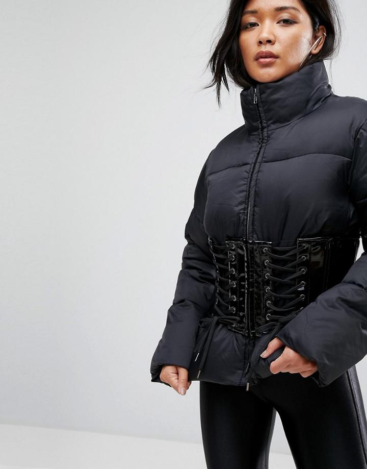 Asos Puffer Jacket With Vinyl Corset - Black