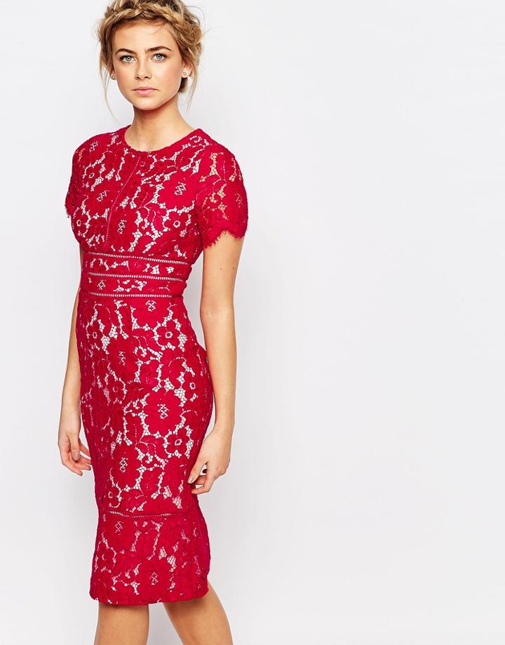 Coast Marlia Lace Pencil Dress In Raspberry - Raspberry