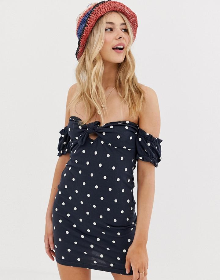 Asos Design Off Shoulder Crinkle Sundress With Puff Sleeve In Polka Dot - Multi