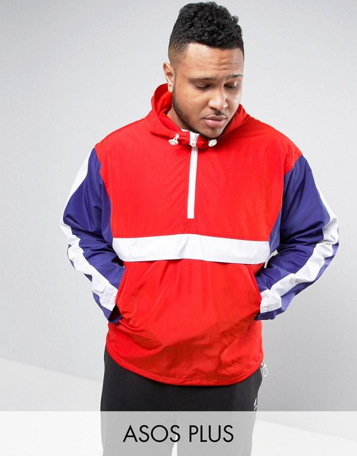 Asos Plus Over Head Windbreaker With Color Block In Red - Red