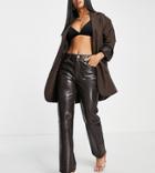 Asos Design Petite Low Rise Leather Look Straight Leg Pants In Chocolate Croc-brown