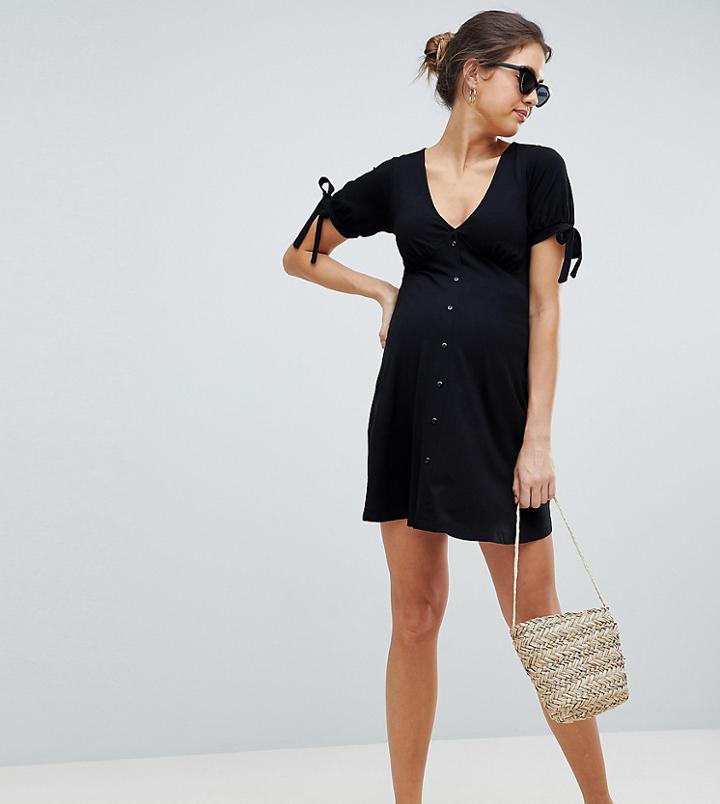 Asos Design Maternity Mini Button Through Tea Dress With Tie Sleeve-black