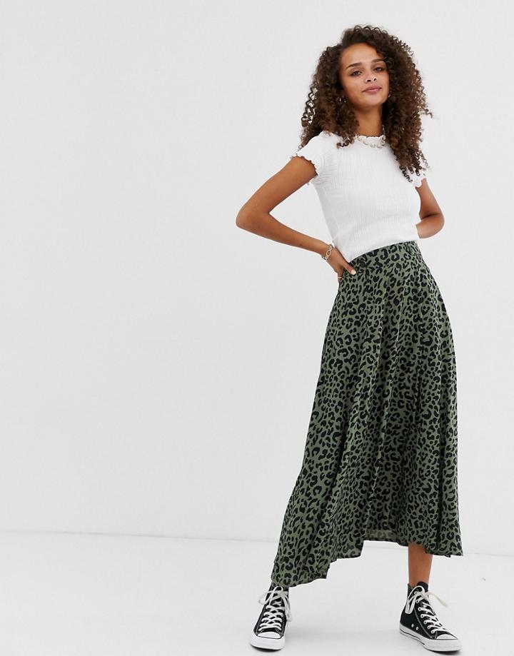 Asos Design Floaty Midi Skirt With Button Waist Detail In Leopard Print - Multi