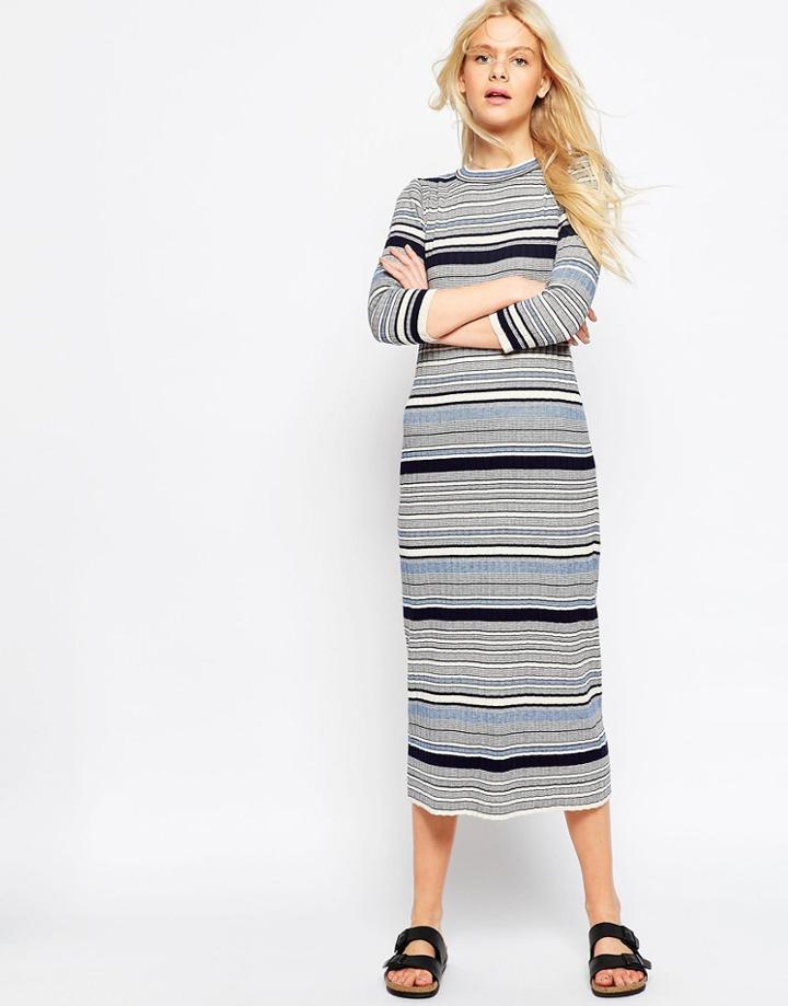 Asos Pleated Midi Dress In Stripe Knit - Blue
