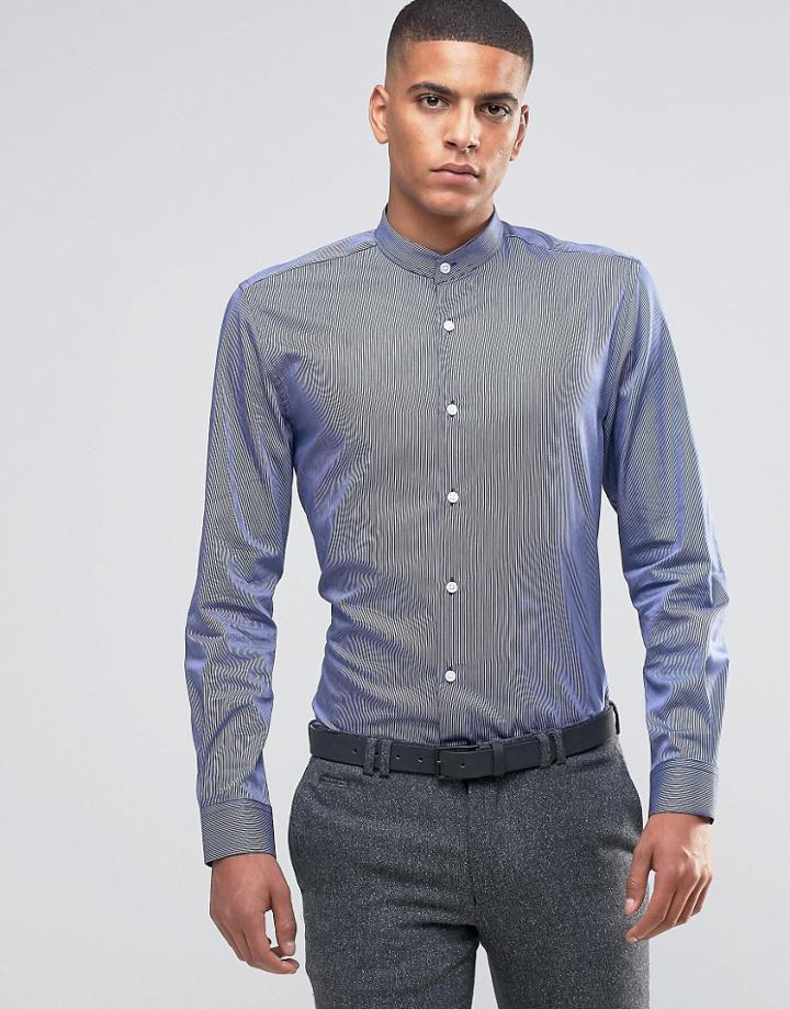Number Eight Savile Row Skinny Grandad Shirt With Stripe - Navy