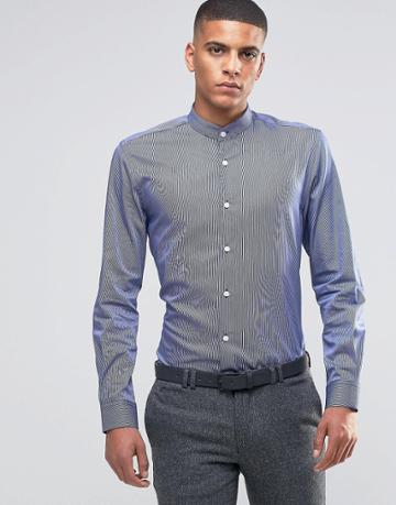Number Eight Savile Row Skinny Grandad Shirt With Stripe - Navy