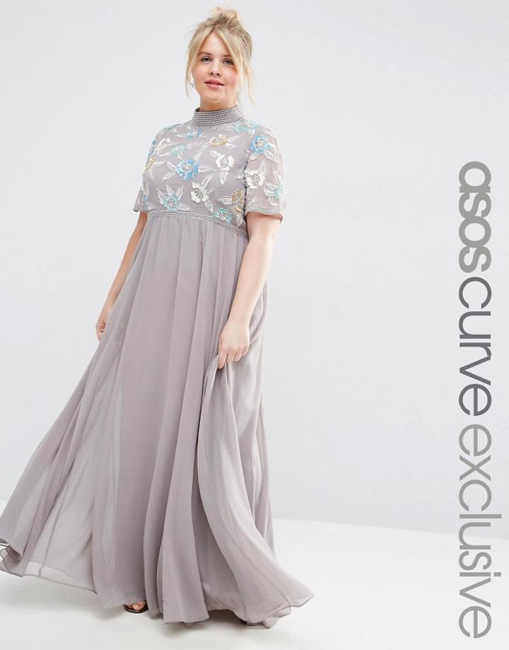 Asos Curve High Neck Embellished Maxi Dress - Gray