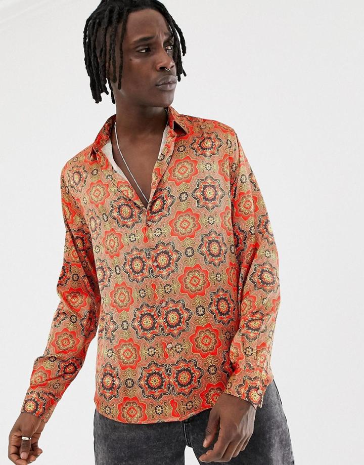 Asos Design Regular Fit Geo Tile Print Satin Shirt In Red - Red