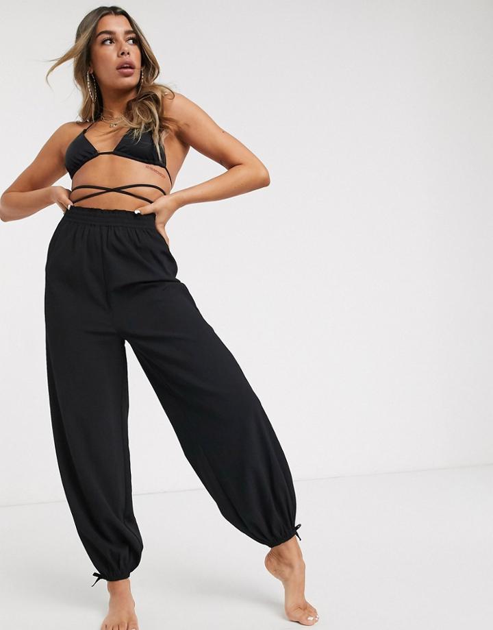 Asos Design Beach Harem Pants In Black Crinkle