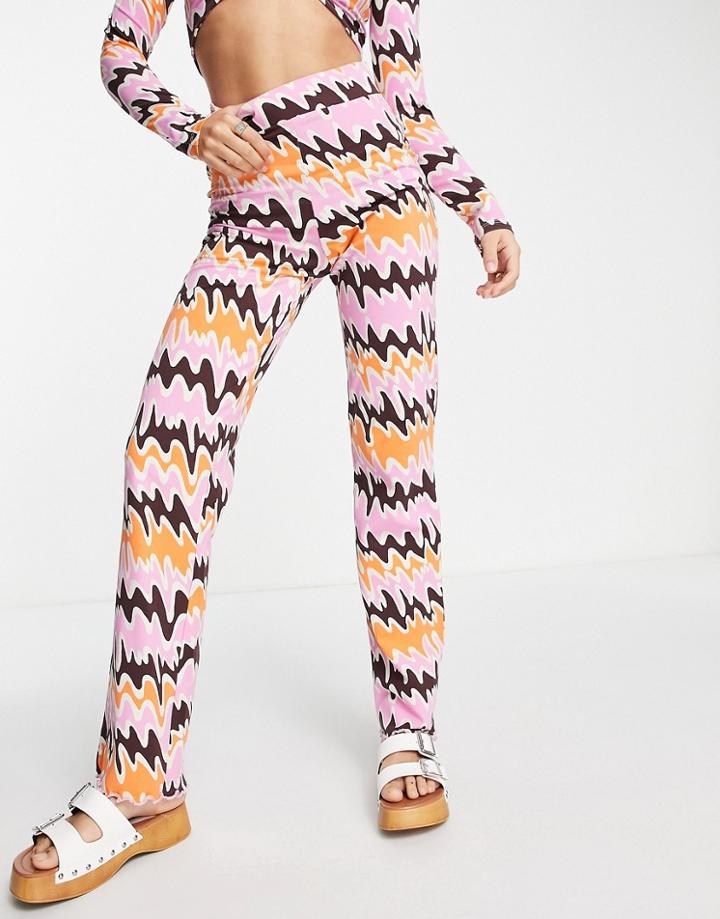 Monki Straight Leg Pants In Orange And Pink Abstract Print - Part Of A Set-multi