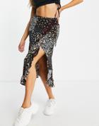 Miss Selfridge Frill Wrap Midi Skirt In Patchwork Floral-black