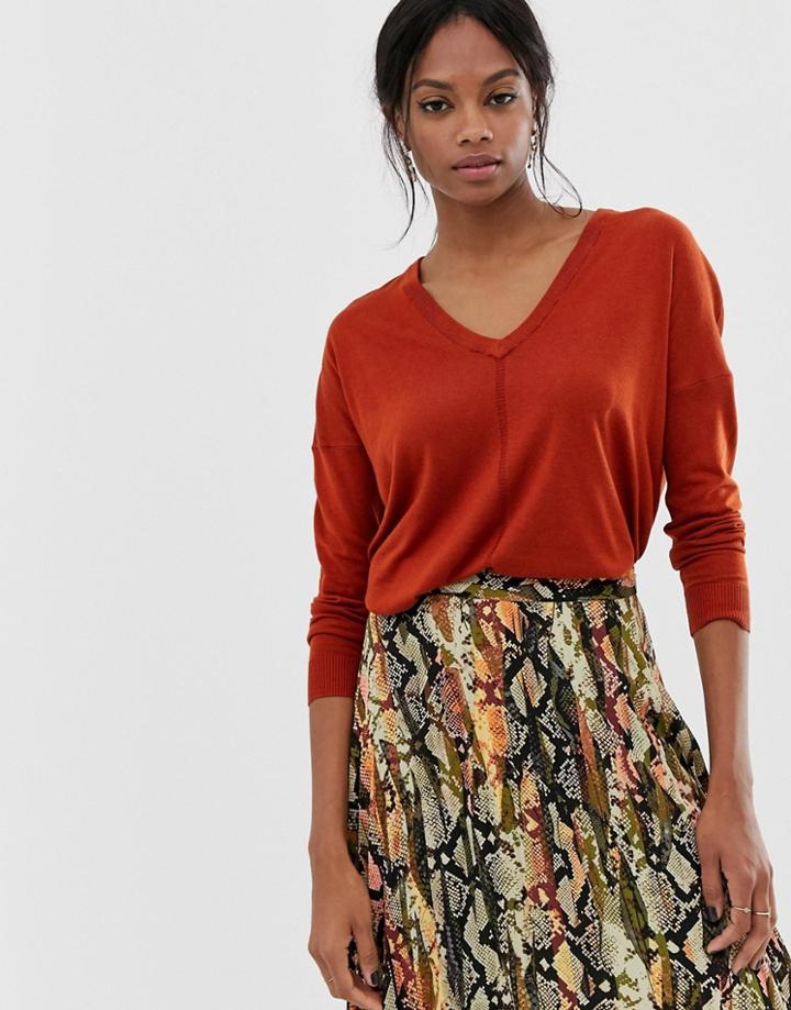 Warehouse V Neck Longline Sweater - Tan
