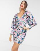 Asos Design Puff Sleeve Button Through Mini Dress In Black Based Floral Print-multi