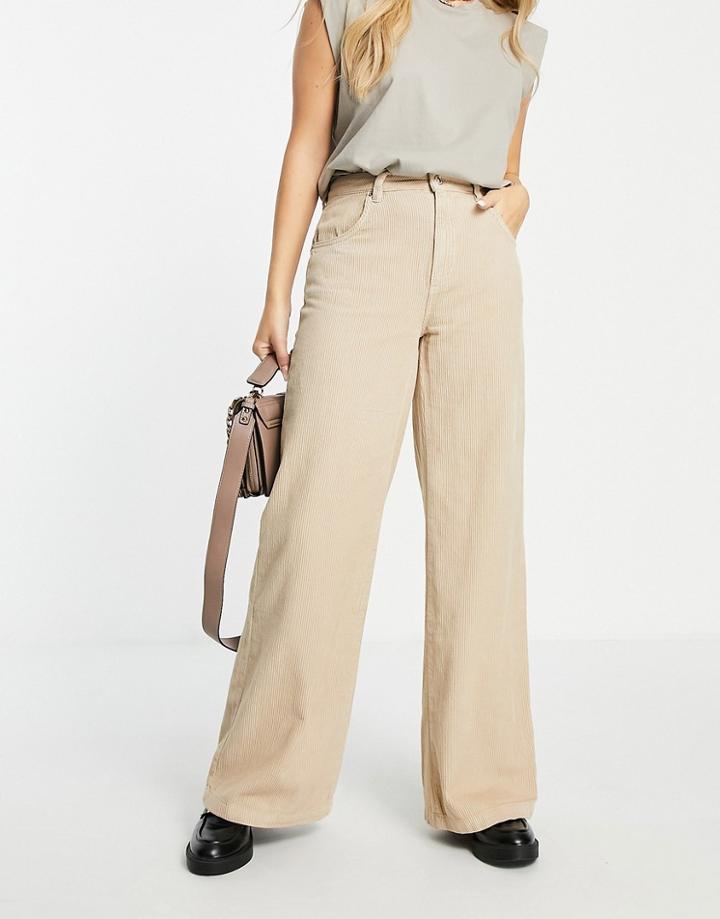 Bershka Wide Leg Cord Pant In Ecru-white