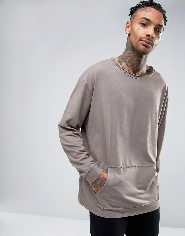 Asos Oversized Long Sleeve T-shirt With Loopback Pocket - Gray