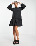 Pieces Darala Drop Hem Smock Mini Dress In Black