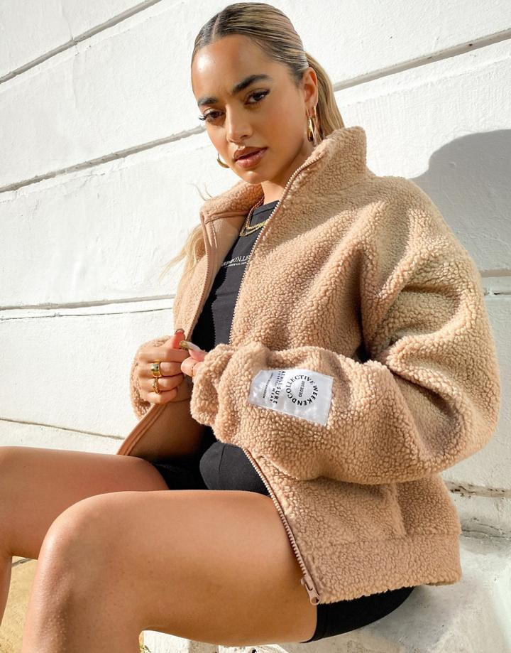 Asos Weekend Collective Zip Through Fleece With Logo Label In Ecru-white