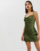 Asos Design Bias Cut Mini Dress In High Shine Satin - Green