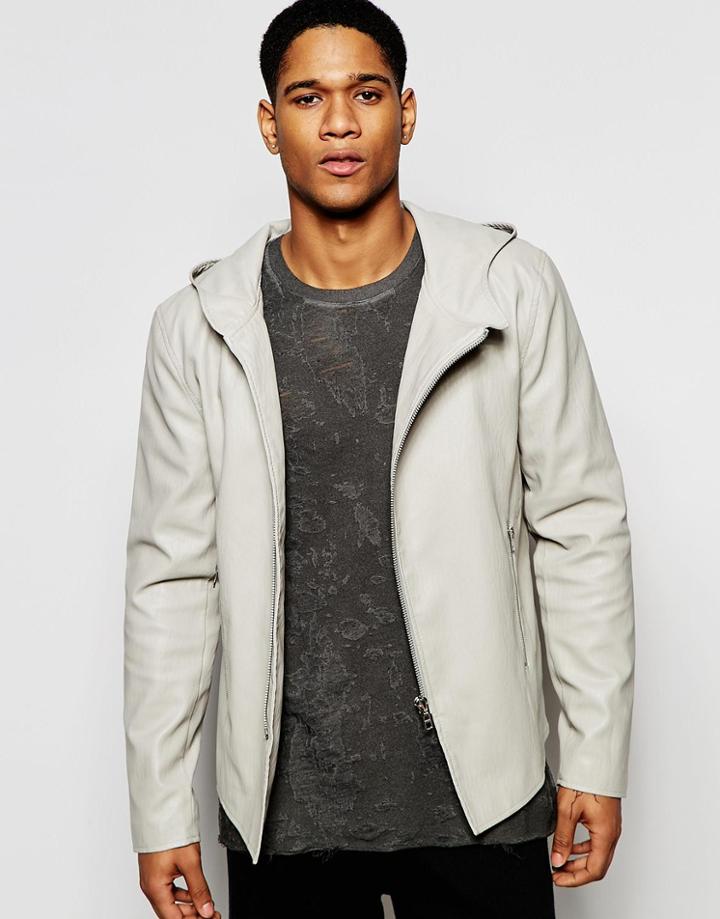 Asos Hooded Faux Leather Jacket In Stone - Stone