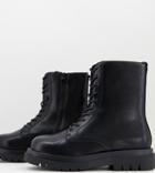 Truffle Collection Wide Fit Chunky Minimal Lace Up Boots In Black Faux Leather