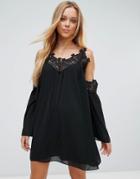 Parisian Cold Shoulder Smock Dress With Crochet Detail - Black