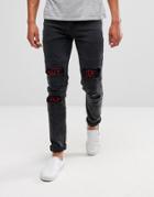 Asos Skinny Jeans In Washed Black With Red Embroidered Text - Black