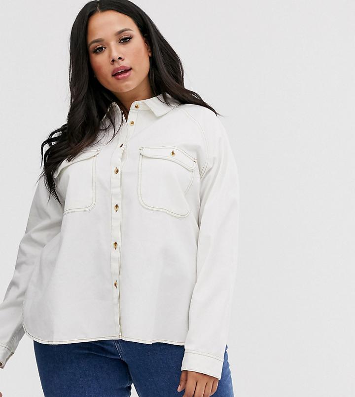 Asos Design Curve Denim Relaxed Shirt In White - White