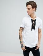 Asos Longline T-shirt With Curved Hem And Deep V Contrast Lace Up Neck - White