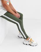 Asos Design Super Skinny Jeans With Side Stripe In Khaki-green