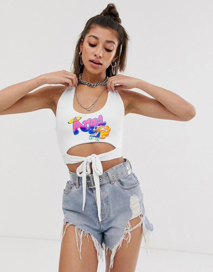 O Mighty Halter Neck Crop Top With Tie Front & Retro Angel Graphic