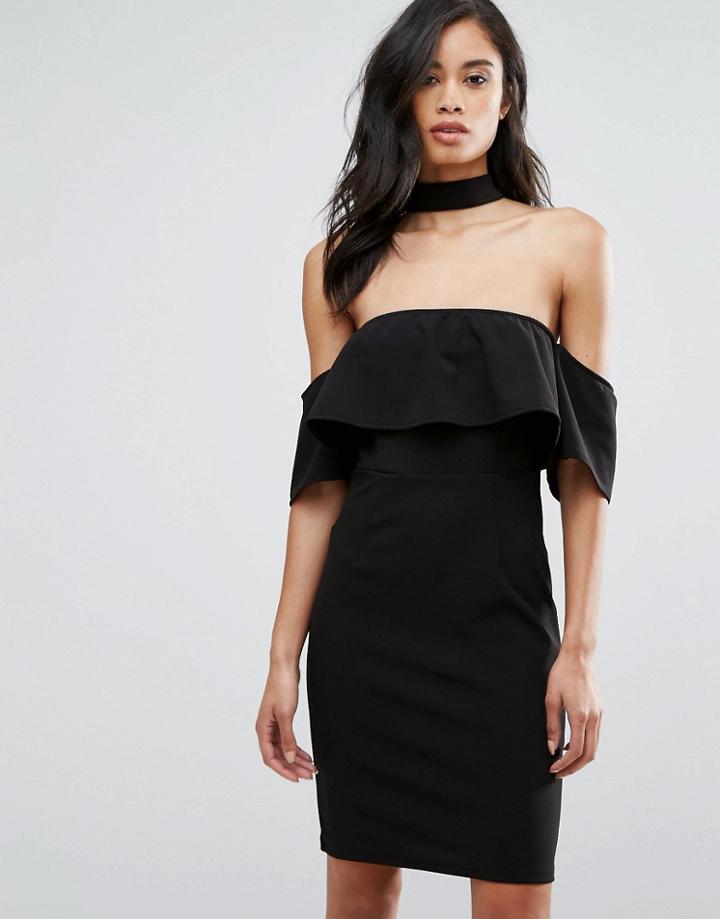 Parisian Off Shoulder Dress With Choker - Black