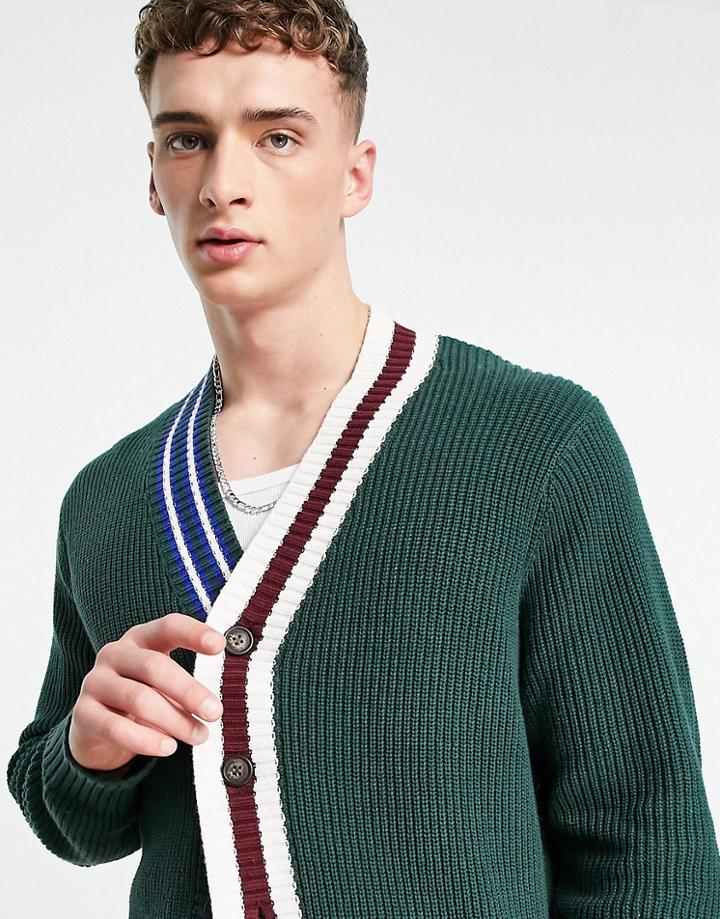 Topman Spliced Placket Cardigan In Green
