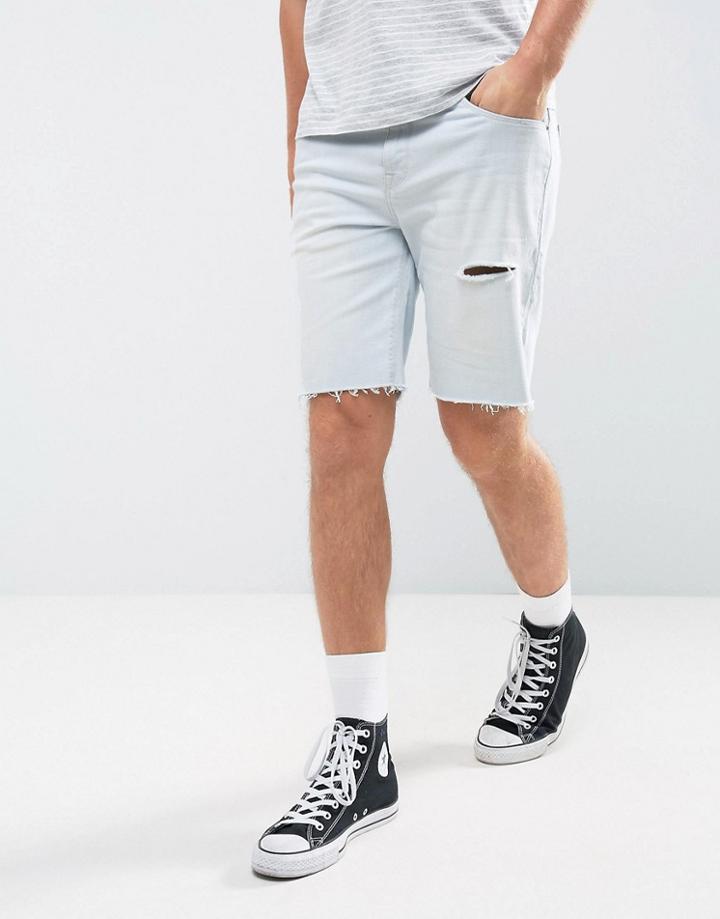 Asos Denim Shorts In Slim Blue With Thigh Rip And Turn Up Raw Hem - Blue