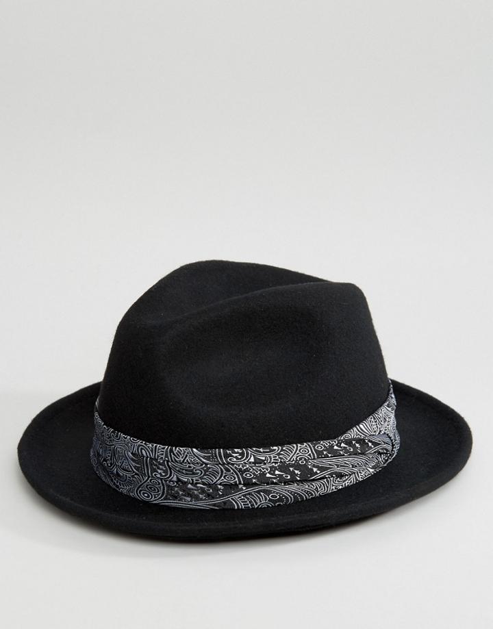 Reclaimed Vintage Fedora With Bandana Detail - Black