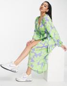 Asos Design Wrap Belted Midi Dress In Large Lilac Floral Print-multi