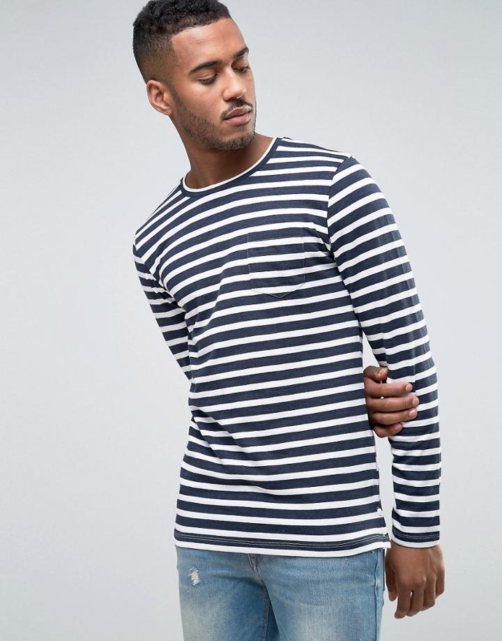 Jack & Jones Core Long Sleeve Top With Stripe And Pocket - White