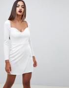 Asos Design Long Sleeve Sweetheart Wrap Mini Dress-white