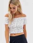 Daisy Street Bardot Crop Top In Ditsy Floral - White