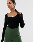 Asos Design Scoop Neck Long Sleeve Sweater In Fine Knit Rib - Black