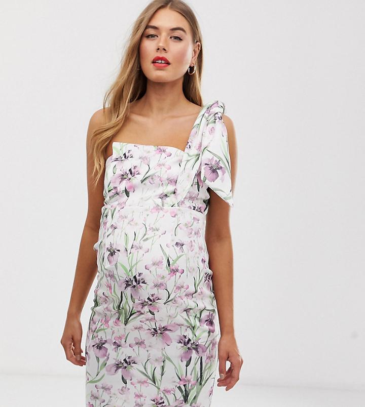 Asos Design Maternity One Shoulder Tie Floral Midi Dress-multi