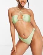 Topshop Shiny Ruched Halter Neck Bandeau In Olive-green