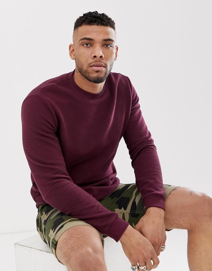 Asos Design Sweatshirt In Burgundy Ribbed Fabric-red