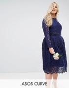 Asos Curve Wedding Lace Long Sleeve Midi Prom Dress - Navy