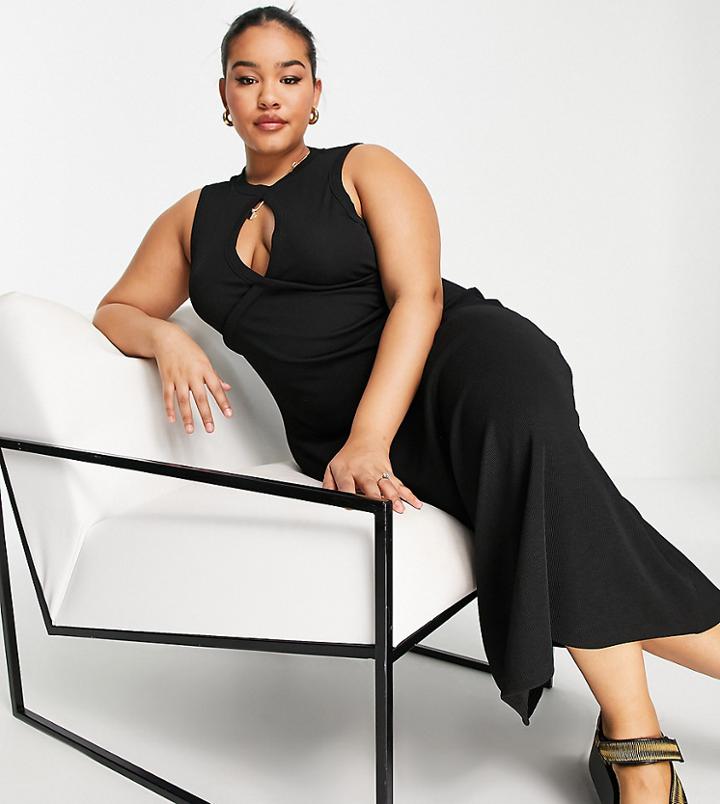 Asos Design Curve Ribbed Sleeveless Midi Dress With Keyhole Detail In Black