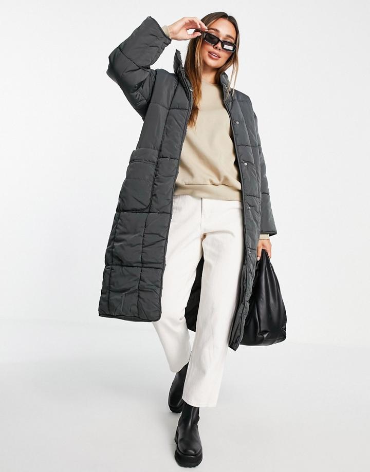 Asos Design Quilted Longline Padded Coat In Charcoal-grey