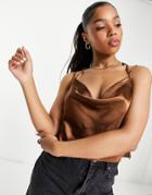 Lola May Cowl Neck Satin Top In Chocolate Brown