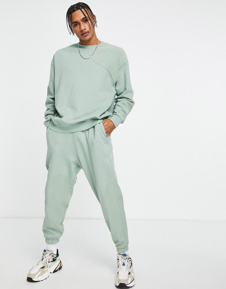 Asos Design Oversized Sweatpants With Wavy Ribbed Panels In Washed Green - Part Of A Set