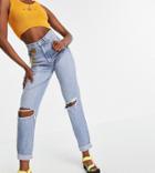 Asos Design Tall High Rise 'slouchy' Mom Jeans In Stonewash With Rips-blues